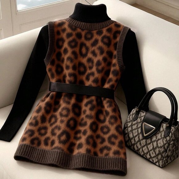 Multicolor Chic Leopard Print Womens Knitted Cardigan Vest Top - Picture 6 of 6